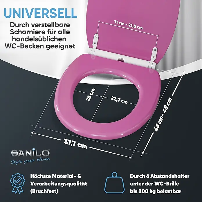 SANILO WC-Sitz Glitzer Pink mit Schnellverschluss - MDF, Pink, Mit Absenkautomatik - Rosa Toilettensitz mit verstellbaren Scharnieren, hoher Materialqualität und bis zu 200 kg belastbar.