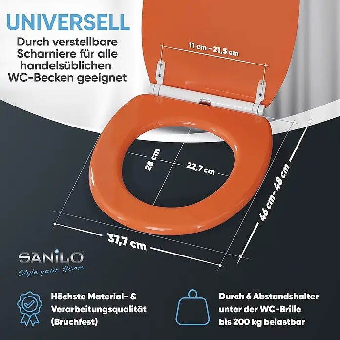 SANILO WC-Sitz Orange mit Schnellverschluss - MDF, Orange, Mit Absenkautomatik - Ein orangefarbener WC-Sitz mit verstellbaren Scharnieren, universell passend, bruchfest und bis zu 200 kg belastbar.