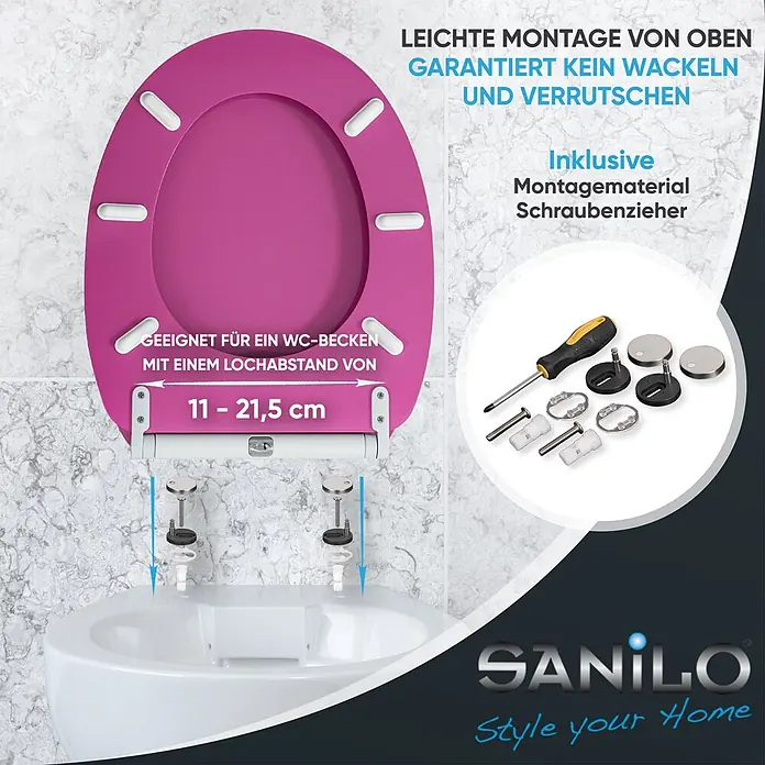 SANILO WC-Sitz Glitzer Pink mit Schnellverschluss - MDF, Pink, Mit Absenkautomatik - Pinker WC-Sitz mit Top-Fix-Montage, gezeigt mit Befestigungsmaterial und Schraubendreher vor einer gefliesten Badwand.