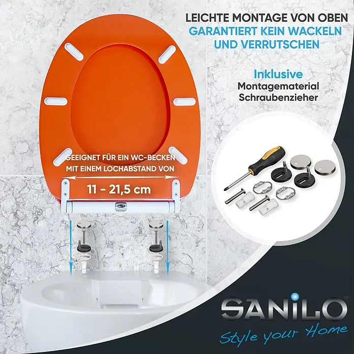 SANILO WC-Sitz Orange mit Schnellverschluss - MDF, Orange, Mit Absenkautomatik - Oranger Toilettensitz mit einfacher Top-Montage, verstellbarem Lochabstand (11-21,5 cm), inkl. Montagematerial und Schraubendreher.