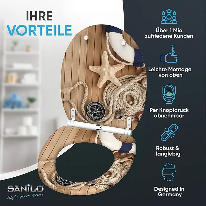 SANILO WC-Sitz Maritime mit Schnellverschluss - MDF, Braun, Mit Absenkautomatik - Toilettensitz in Holzoptik mit maritimen Dekorelementen wie Seestern, Seil, Kompass und Rettungsring.