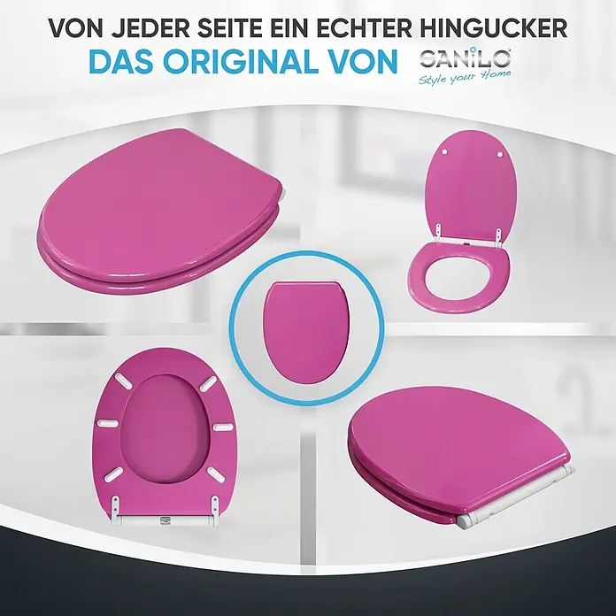SANILO WC-Sitz Glitzer Pink mit Schnellverschluss - MDF, Pink, Mit Absenkautomatik - Rosa glänzender Toilettensitz, aus verschiedenen Blickwinkeln präsentiert, Design und Scharniere zeigend.