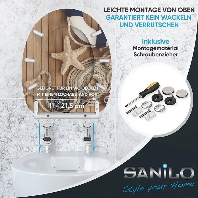 SANILO WC-Sitz Maritime mit Schnellverschluss - MDF, Braun, Mit Absenkautomatik - Maritimer WC-Sitz in Holzoptik, mit Montagematerial und Schraubenzieher für stabile Top-Montage, passend für 11-21,5 cm Lochabstand.