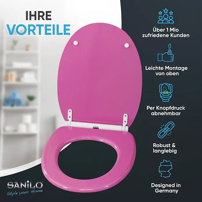 SANILO WC-Sitz Glitzer Pink mit Schnellverschluss - MDF, Pink, Mit Absenkautomatik - Lebhafter pinkfarbener Toilettensitz mit offenem Deckel.