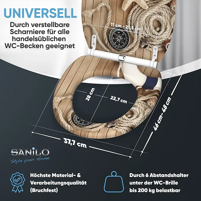 SANILO WC-Sitz Maritime mit Schnellverschluss - MDF, Braun, Mit Absenkautomatik - Hölzerner WC-Sitz im maritimen Design mit Seil, Kompass und Rettungsring. Maße und universelle Passform werden angezeigt.