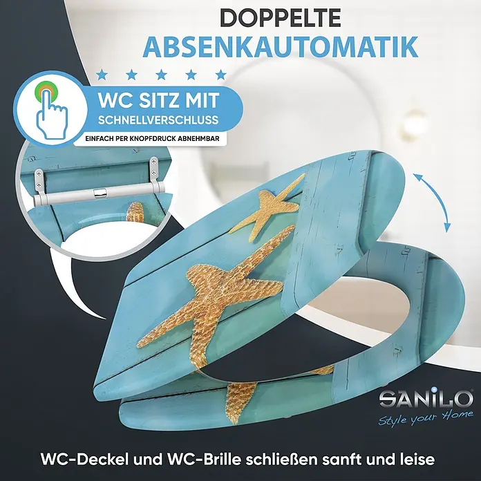 SANILO WC-Sitz Starfish mit Schnellverschluss - MDF, Türkis, Mit Absenkautomatik - Blauer Toilettensitz in Holzoptik mit Seesternen, doppelter Absenkautomatik und Schnellverschluss.