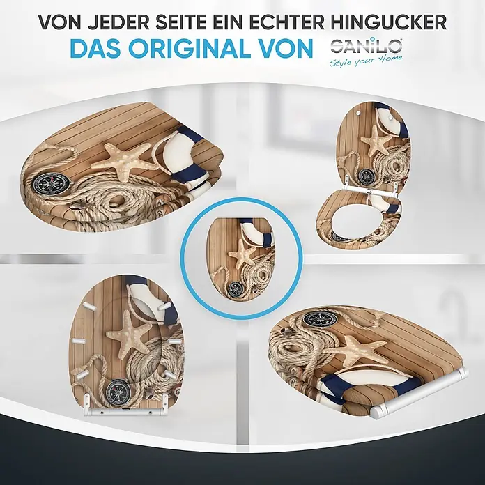 SANILO WC-Sitz Maritime mit Schnellverschluss - MDF, Braun, Mit Absenkautomatik - Toilettensitz mit realistischem maritime Design: Holzplanken, Seil, Seestern, Kompass und Rettungsring.