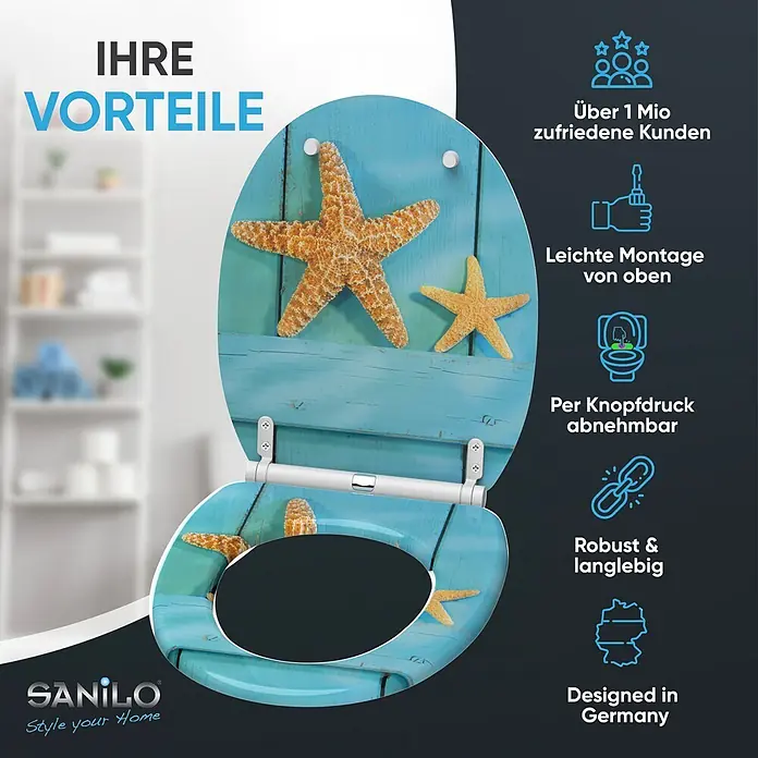 SANILO WC-Sitz Starfish mit Schnellverschluss - MDF, Türkis, Mit Absenkautomatik - Hellblauer Toilettensitz mit Seestern- und Holzoptik-Design, geöffnet dargestellt.