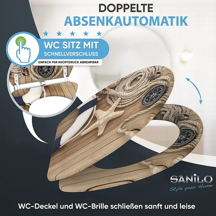 SANILO WC-Sitz Maritime mit Schnellverschluss - MDF, Braun, Mit Absenkautomatik - Holzoptik-WC-Sitz mit nautischem Design, Schnellverschluss und doppelter Absenkautomatik.