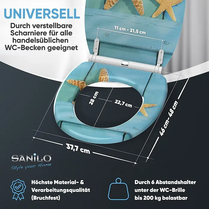 SANILO WC-Sitz Starfish mit Schnellverschluss - MDF, Türkis, Mit Absenkautomatik - WC-Sitz im Holzplanken-Look mit Seesternen, universell anpassbar dank verstellbarer Scharniere. Maße angegeben.