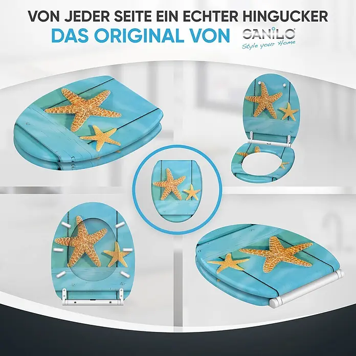 SANILO WC-Sitz Starfish mit Schnellverschluss - MDF, Türkis, Mit Absenkautomatik - Blauer Toilettensitz mit Seestern- und Holzplanken-Design.