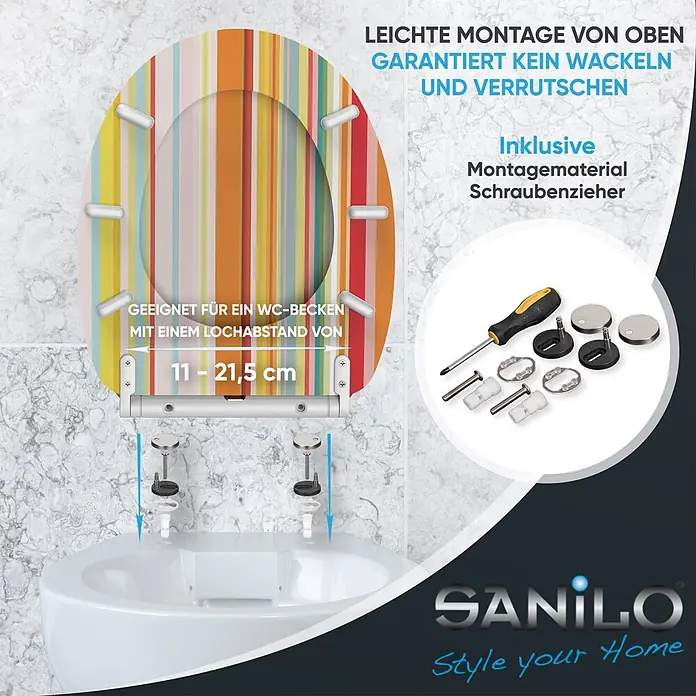 SANILO WC-Sitz Starstripes mit Schnellverschluss - MDF, Multicolor, Mit Absenkautomatik - Bunt gestreifter WC-Sitz mit einfacher Top-Montage, inklusive Befestigungsmaterial und Schraubendreher. Lochabstand 11-21,5 cm einstellbar.