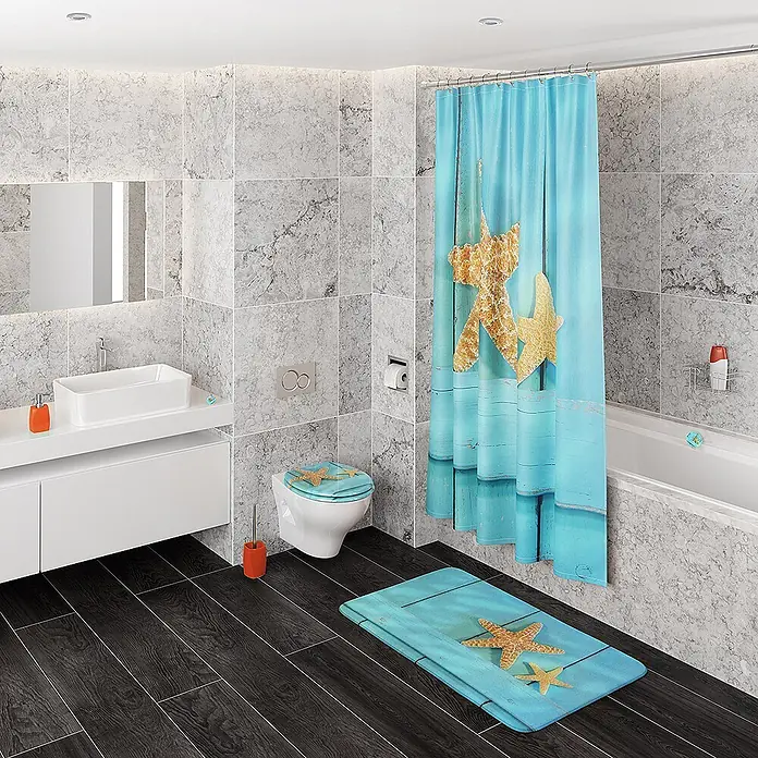 SANILO WC-Sitz Starfish mit Schnellverschluss - MDF, Türkis, Mit Absenkautomatik - Badezimmer-Set im Küsten-Stil mit Duschvorhang, Toilettendeckel und Badematte im blau-holzigen Seestern-Design.