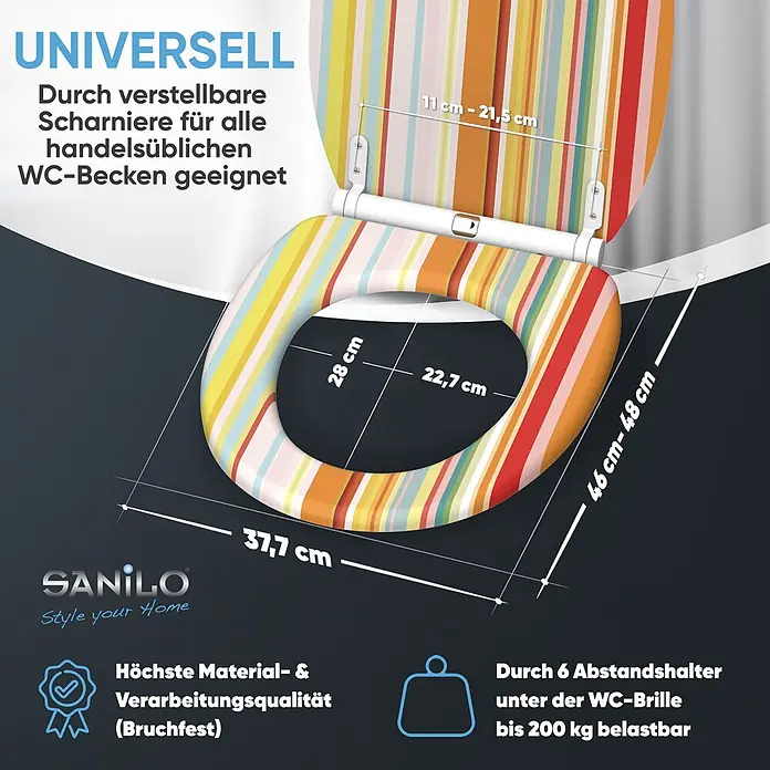 SANILO WC-Sitz Starstripes mit Schnellverschluss - MDF, Multicolor, Mit Absenkautomatik - Bunter gestreifter WC-Sitz mit verstellbaren Scharnieren und hoher Belastbarkeit für universelle Nutzung.
