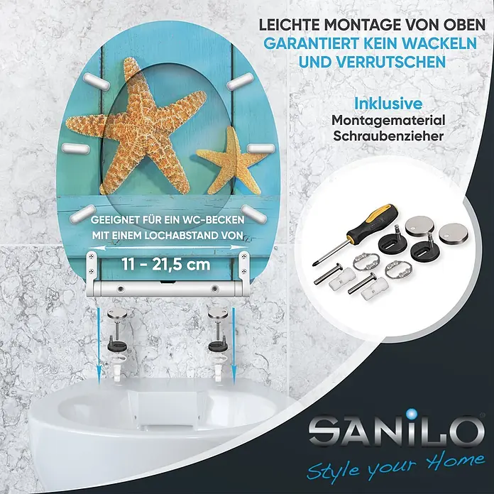 SANILO WC-Sitz Starfish mit Schnellverschluss - MDF, Türkis, Mit Absenkautomatik - Blauer WC-Sitz mit Seestern-Design, zeigt einfache Top-Montage und enthaltenes Werkzeug.