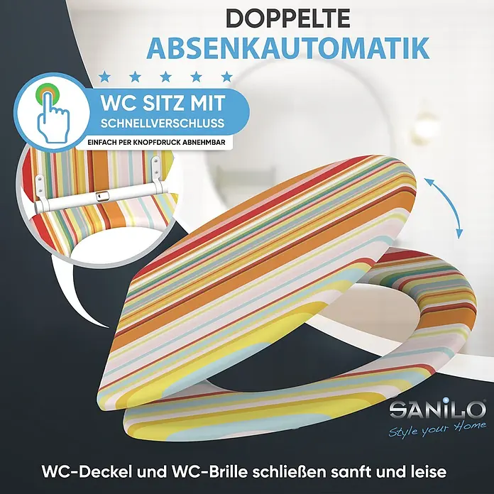 SANILO WC-Sitz Starstripes mit Schnellverschluss - MDF, Multicolor, Mit Absenkautomatik - Bunt gestreifter WC-Sitz mit doppelter Absenkautomatik und Schnellverschluss, einfach per Knopfdruck abnehmbar.