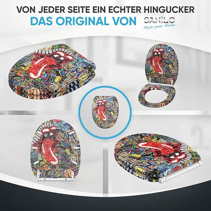 SANILO WC-Sitz Graffiti mit Schnellverschluss - MDF, Rot, Mit Absenkautomatik - Farbenfroher Toilettensitz mit Graffiti-kunst und Rolling Stones-Zungenlogo, aus verschiedenen Perspektiven gezeigt.