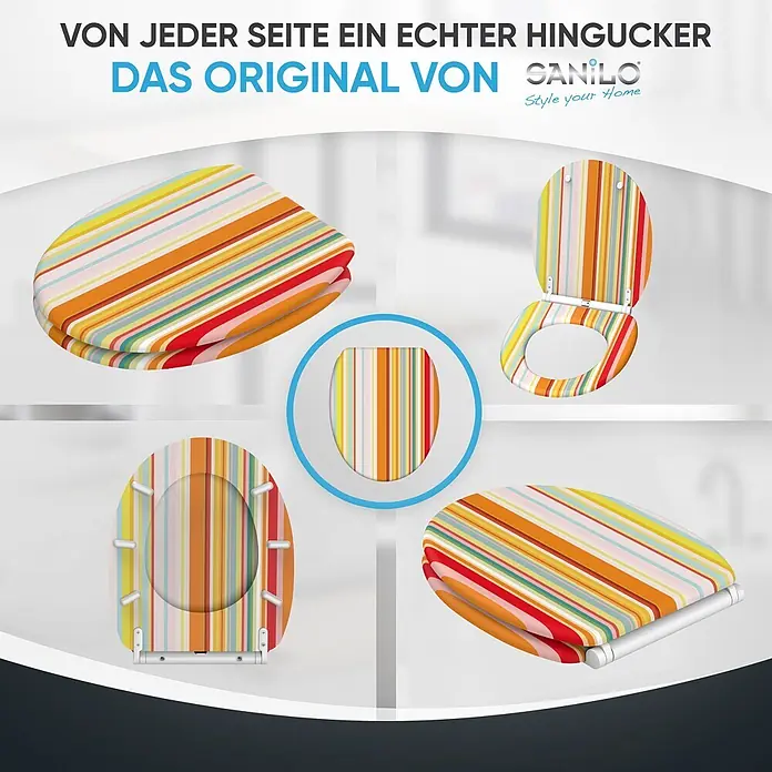 SANILO WC-Sitz Starstripes mit Schnellverschluss - MDF, Multicolor, Mit Absenkautomatik - Bunt gestreifter Toilettensitz, aus mehreren Blickwinkeln sichtbar: geschlossen, offen, oben und unten.