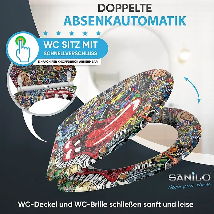 SANILO WC-Sitz Graffiti mit Schnellverschluss - MDF, Rot, Mit Absenkautomatik - Bunter Toilettensitz mit Graffiti-Muster, Absenkautomatik und Schnellverschluss.