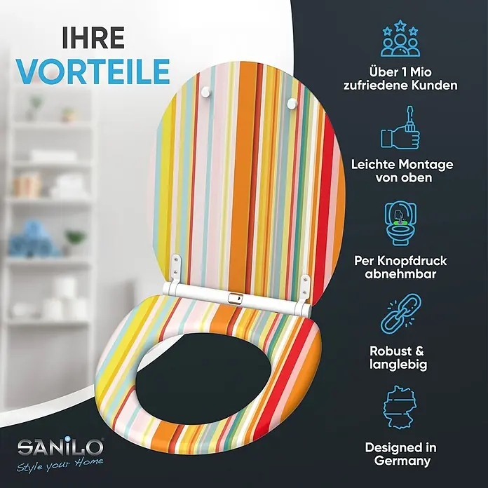 SANILO WC-Sitz Starstripes mit Schnellverschluss - MDF, Multicolor, Mit Absenkautomatik - Bunt gestreifter Toilettensitz mit geöffnetem Deckel und Schnellverschlussmechanismus.