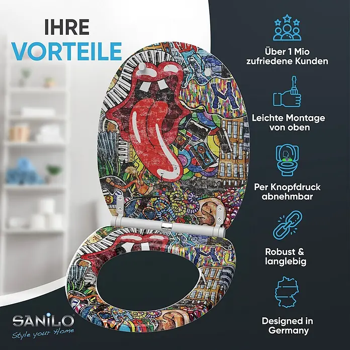 SANILO WC-Sitz Graffiti mit Schnellverschluss - MDF, Rot, Mit Absenkautomatik - Bunter WC-Sitz mit Graffiti-Design, darunter das Rolling Stones Zungenlogo und Tasten, aufklappbar.
