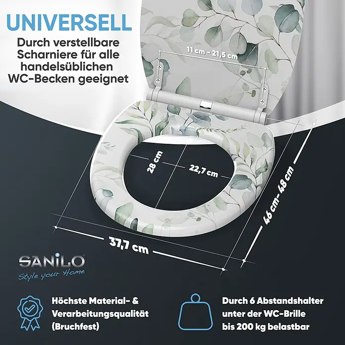 SANILO WC-Sitz Eukalyptus mit Schnellverschluss - MDF, Weiß, Mit Absenkautomatik - Weißer Toilettensitz mit grünem Blättermuster, universell passend durch verstellbare Scharniere, bruchfest und bis 200 kg belastbar.