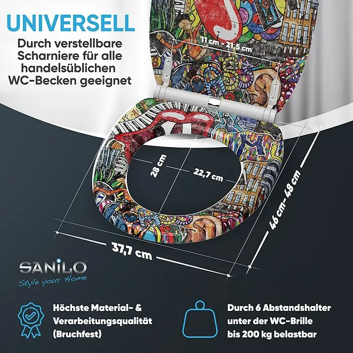 SANILO WC-Sitz Graffiti mit Schnellverschluss - MDF, Rot, Mit Absenkautomatik - Universal-Toilettensitz mit buntem Graffiti-Muster & verstellbaren Scharnieren. Außen: 46-48x37,7 cm. Innen: 28x22,7 cm. Scharnierabstand: 11-21,5 cm.