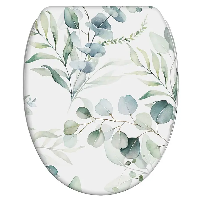 SANILO WC-Sitz Eukalyptus mit Schnellverschluss - MDF, Weiß, Mit Absenkautomatik - Toilettendeckel mit Aquarell-Eukalyptusblattmuster in Grün- und Blautönen.
