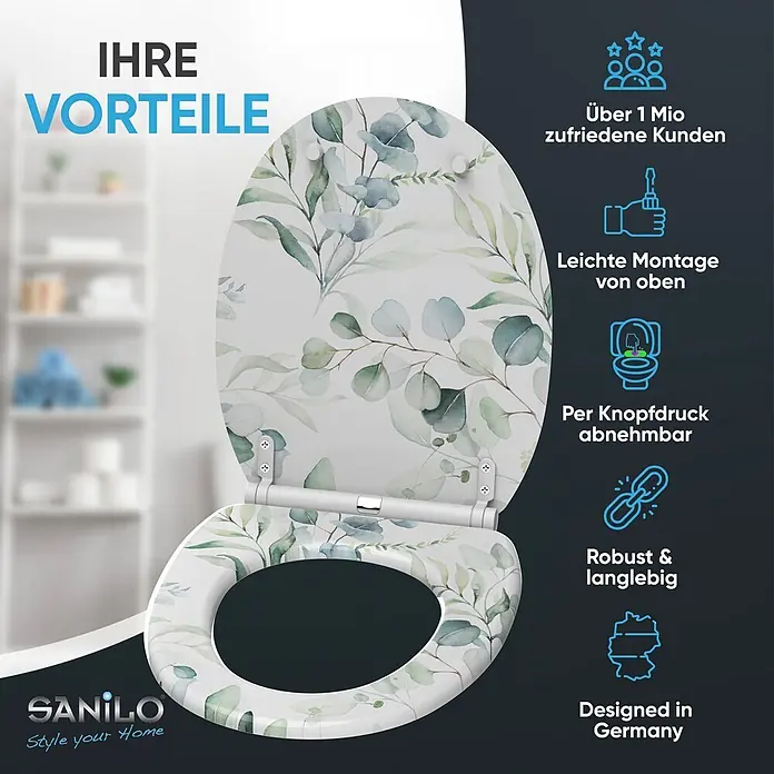 SANILO WC-Sitz Eukalyptus mit Schnellverschluss - MDF, Weiß, Mit Absenkautomatik - Weißer Toilettensitz mit grünem und grauem Eukalyptusblattmuster, mit Chromscharnieren.