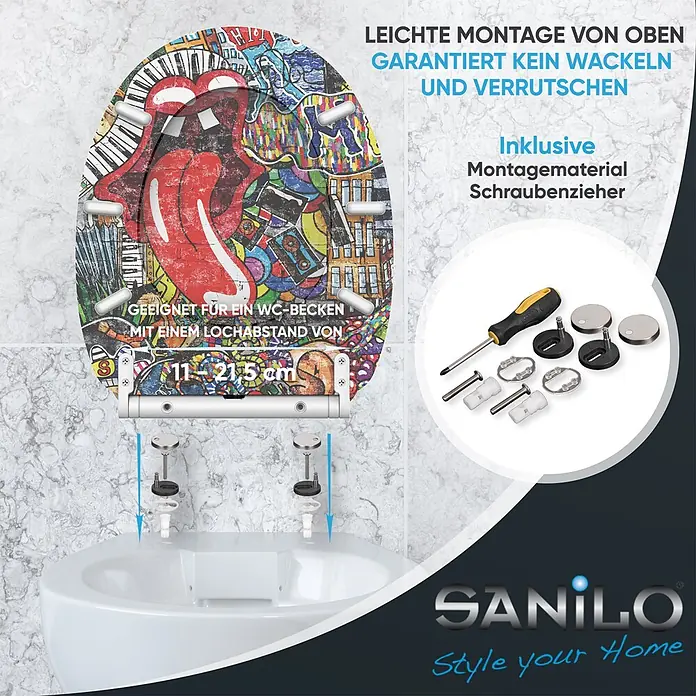 SANILO WC-Sitz Graffiti mit Schnellverschluss - MDF, Rot, Mit Absenkautomatik - WC-Sitz mit buntem Rolling Stones Graffiti. Top-Fix Montage, inkl. Montagematerial, Schraubenzieher, für 11-21,5 cm Lochabstand.