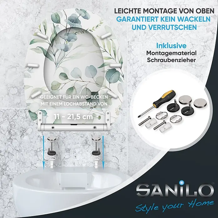 SANILO WC-Sitz Eukalyptus mit Schnellverschluss - MDF, Weiß, Mit Absenkautomatik - Weißer Toilettensitz mit Eukalyptus-Design, Top-Montage, wackelsicher, verstellbarer Lochabstand (11-21,5 cm) und Montagematerial inklusive.