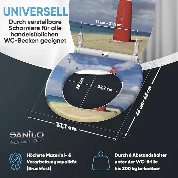 SANILO WC-Sitz Leuchtturm mit Schnellverschluss - MDF, Rot, Mit Absenkautomatik - WC-Sitz mit Strand- und Leuchtturm-Print, verstellbaren Scharnieren und Maßen. Bruchfestes Material, bis zu 200 kg belastbar.