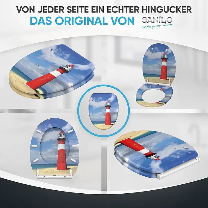 SANILO WC-Sitz Leuchtturm mit Schnellverschluss - MDF, Rot, Mit Absenkautomatik - WC-Sitz mit malerischem Leuchtturm-, Strand- und Meermotiv, aus verschiedenen Perspektiven offen und geschlossen dargestellt.