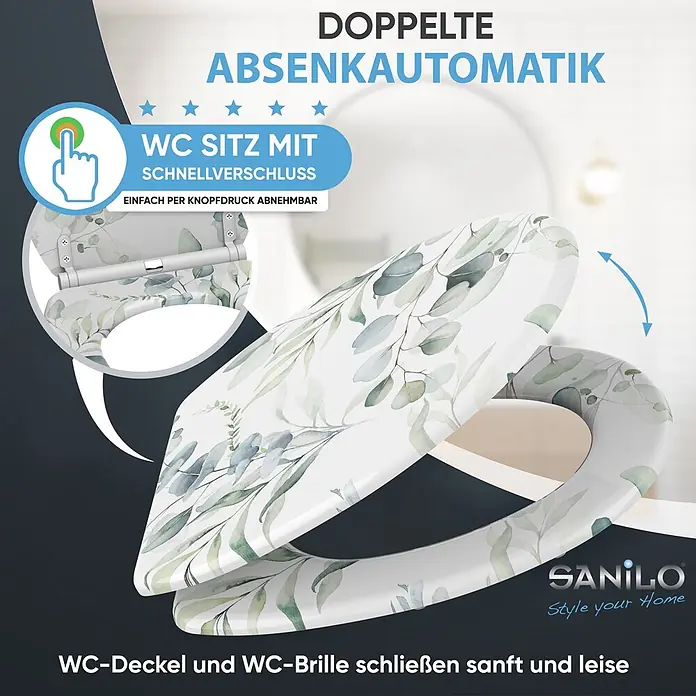SANILO WC-Sitz Eukalyptus mit Schnellverschluss - MDF, Weiß, Mit Absenkautomatik - WC-Sitz mit grünem Blattmuster, doppelter Absenkautomatik und Schnellverschluss zur einfachen Reinigung.