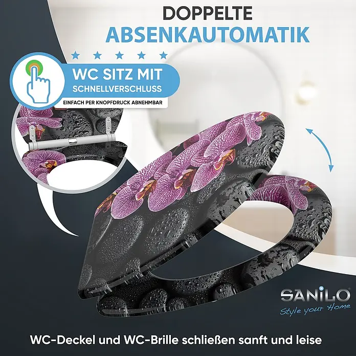 SANILO WC-Sitz Madeira mit Schnellverschluss - MDF, Violett, Mit Absenkautomatik - Schwarzer Toilettensitz mit lila Orchideenmuster und Wassertropfen, mit Absenkautomatik und Schnellverschluss.
