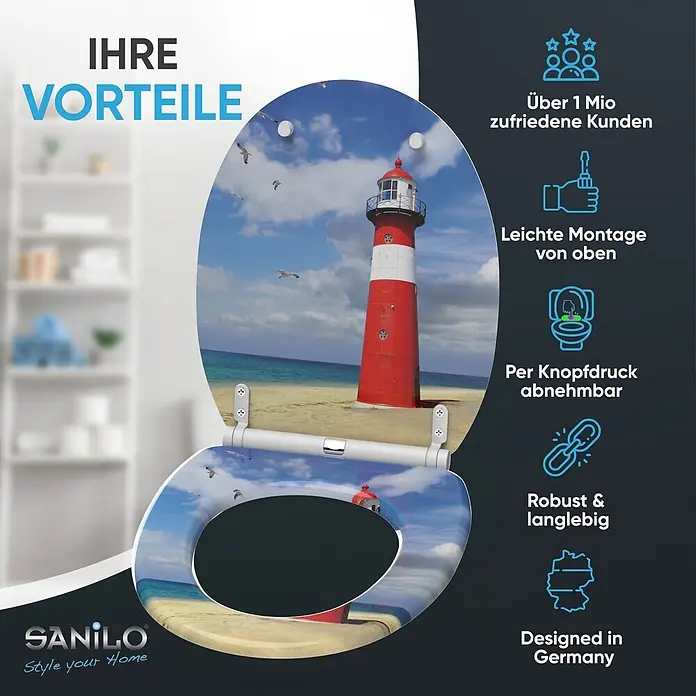 SANILO WC-Sitz Leuchtturm mit Schnellverschluss - MDF, Rot, Mit Absenkautomatik - Weißer WC-Sitz mit Leuchtturm- und Strandmotiv, blauem Himmel und Möwen.