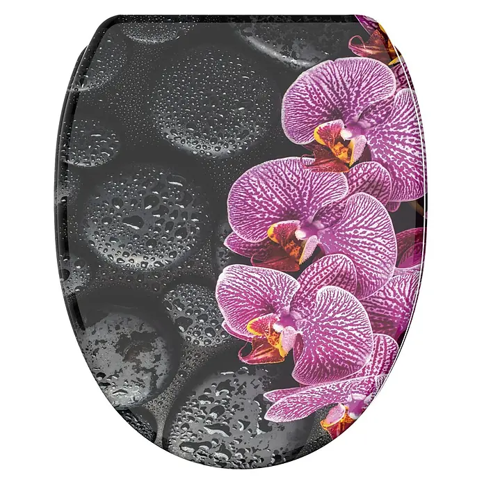 SANILO WC-Sitz Madeira mit Schnellverschluss - MDF, Violett, Mit Absenkautomatik - Toilettensitz mit einem Design aus leuchtenden lila Orchideen und Wassertropfen auf schwarzen Spa-Steinen.