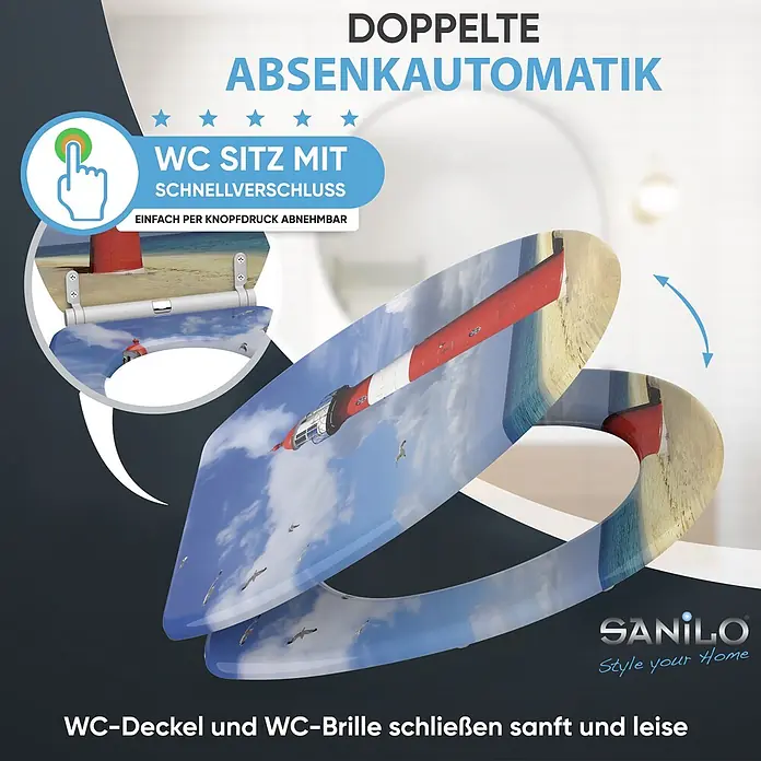 SANILO WC-Sitz Leuchtturm mit Schnellverschluss - MDF, Rot, Mit Absenkautomatik - WC-Sitz mit Leuchtturm-Design, doppelter Absenkautomatik und Schnellverschluss zur einfachen Reinigung.