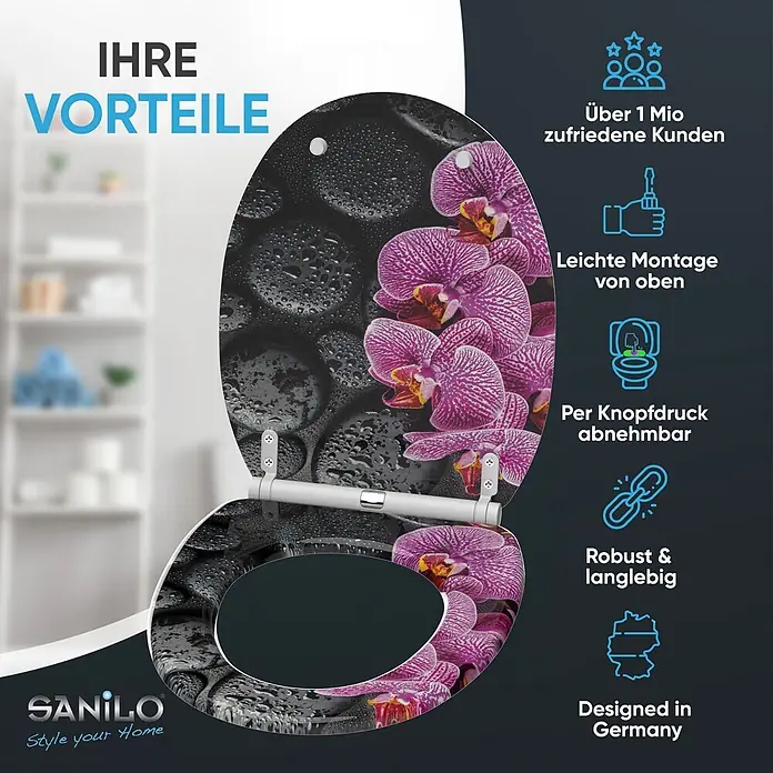 SANILO WC-Sitz Madeira mit Schnellverschluss - MDF, Violett, Mit Absenkautomatik - Toilettensitz mit schwarzem Design, Wassertropfen und lila Orchideen.