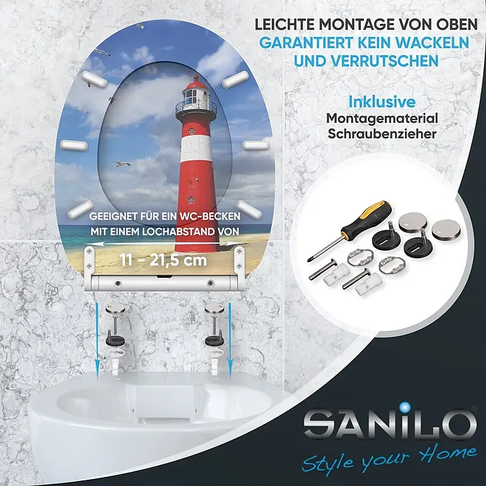 SANILO WC-Sitz Leuchtturm mit Schnellverschluss - MDF, Rot, Mit Absenkautomatik - WC-Sitz mit Leuchtturm-Design, einfacher Top-Montage und verstellbarem Lochabstand. Inklusive Befestigungsmaterial und Schraubenzieher.