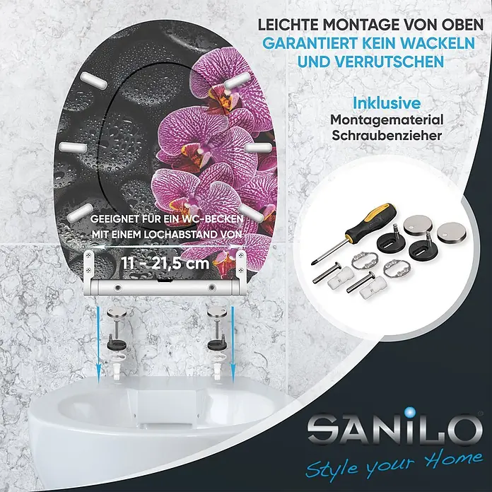SANILO WC-Sitz Madeira mit Schnellverschluss - MDF, Violett, Mit Absenkautomatik - Toilettensitz mit schwarzem Orchideen-Design, gezeigt mit Top-Mount-Montagematerial. Mit verstellbarem Lochabstand (11-21,5 cm) und wackelfreier Stabilität.