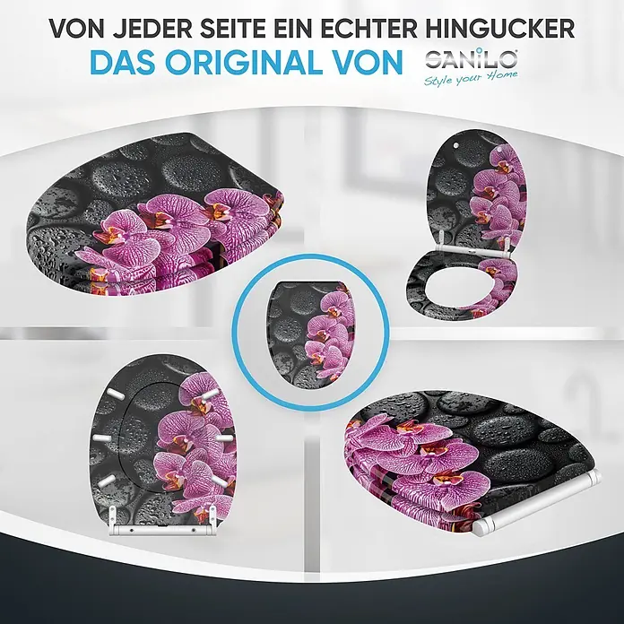 SANILO WC-Sitz Madeira mit Schnellverschluss - MDF, Violett, Mit Absenkautomatik - Stylischer Toilettensitz mit einem Design aus glatten schwarzen Steinen mit Wassertropfen und leuchtend lila Orchideen.