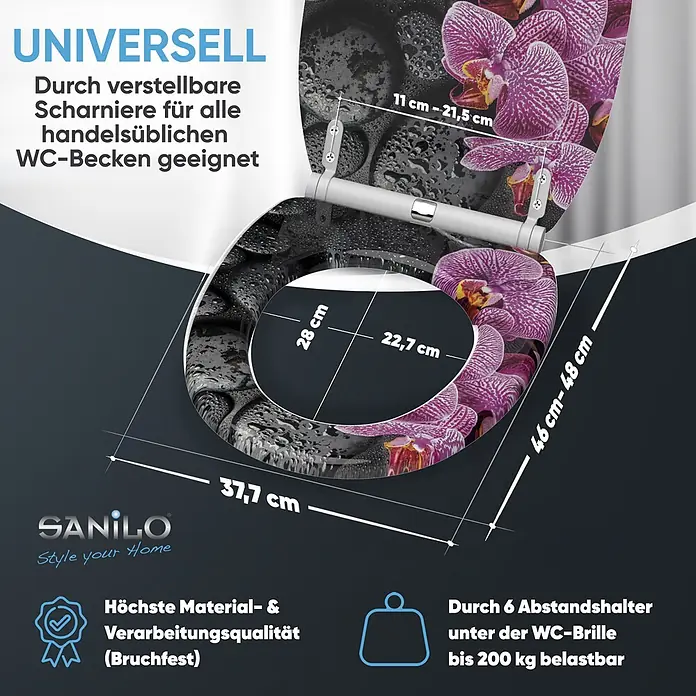 SANILO WC-Sitz Madeira mit Schnellverschluss - MDF, Violett, Mit Absenkautomatik - Toilettensitz mit lila Orchideen- und schwarzem Steinmuster, verstellbaren Scharnieren und hoher Belastbarkeit.