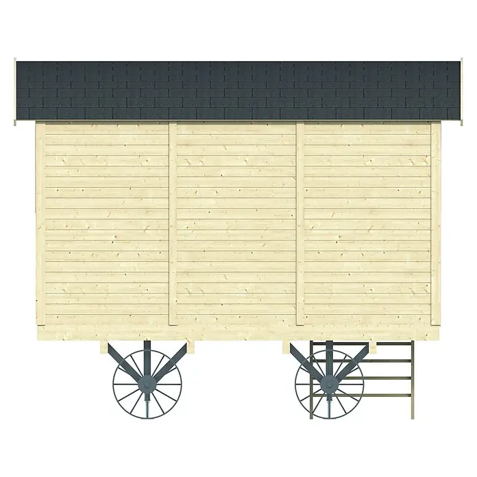 Tuindeco Gartenhaus Zirkuswagen Kerstin - Außenmaß inkl. Dachüberstand (B x T): 360 x 240 cm, Holz, Naturbraun - Holzwagen mit heller Bretterverkleidung, dunklem Schindeldach und grauen Metallrädern.