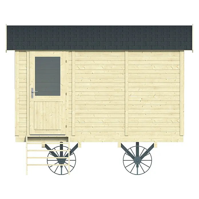 Tuindeco Gartenhaus Zirkuswagen Kerstin - Außenmaß inkl. Dachüberstand (B x T): 360 x 240 cm, Holz, Naturbraun - Hellholz-Wagenhaus mit dunklem Dach, Glastür, Stufen und Rädern.