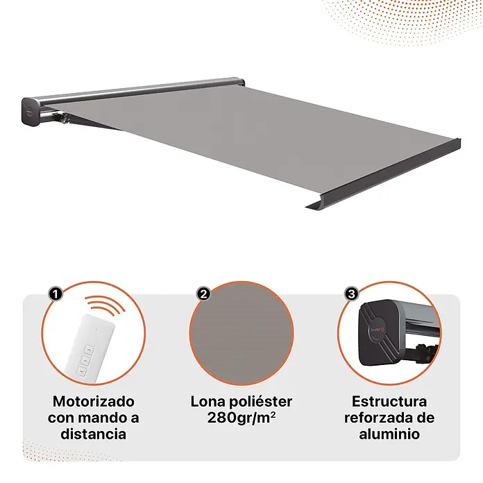 SmartSun Toldo con motor WiFi Dark Fiji II - Antracita, Ancho: 2,95 m, Caída: 2 m - Toldo motorizado gris con estructura de aluminio reforzada y lona de poliéster, mostrado con mando a distancia.