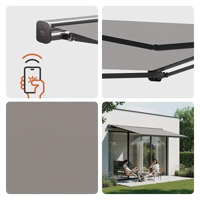 SmartSun Toldo con motor WiFi Dark Fiji II - Antracita, Ancho: 2,95 m, Caída: 2 m - Toldo de patio retráctil gris con control inteligente, primeros planos del mecanismo, textura de la tela y proporcionando sombra a un patio.