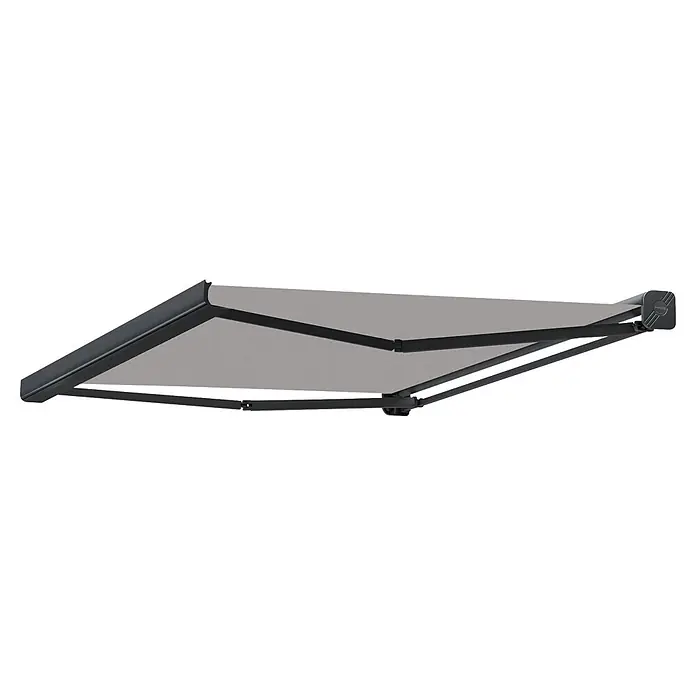 SmartSun Toldo con motor WiFi Dark Fiji II - Antracita, Ancho: 2,95 m, Caída: 2 m - Toldo retráctil gris claro extendido con estructura gris oscuro, visto desde abajo.