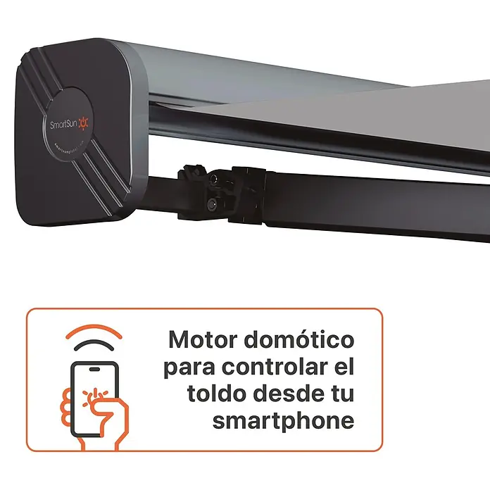 SmartSun Toldo con motor WiFi Dark Fiji II - Antracita, Ancho: 2,95 m, Caída: 2 m - Primer plano de un mecanismo de toldo automatizado gris oscuro con tela gris claro y motor inteligente para control por smartphone.