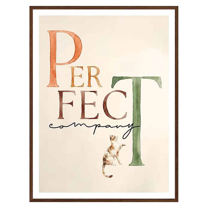 Cuadro Libros perfect - Libros perfect, An x Al: 30 x 40 cm, 1 pzs. - Cuadro enmarcado marrón con texto de acuarela «PERFECT company» e ilustración de gato.